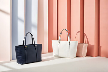 Stylish tote bags in various colors arranged against a textured pastel pink wall