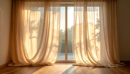 Sunlight streams through sheer curtains, illuminating a room with a window overlooking nature