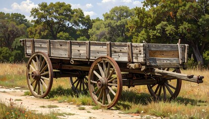Vintage wooden wagon in a field of grass and trees