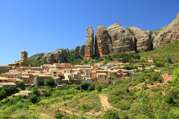 Aerial view of Mallos of Aguero town in the north of Spain.