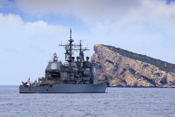 Ticonderoga Class Cruise named Gettysburg anchored in Benidorm Bay, Mediterranean Sea, Spain.