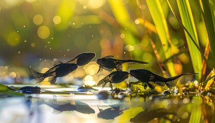 Black Fish Leaping from Pond at Sunset