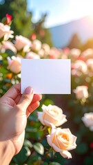 Blank Card Held Against Peach Roses