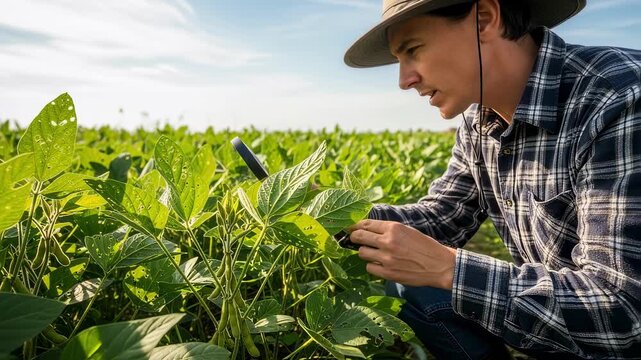 Manual soybean pest scouting shows a farmer closely inspecting leaves for signs of insect damage in a lush green field under daylight.