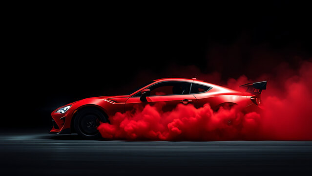 Fototapeta Drifting car on dark black background with red smoke Car in the smoke Supercar in motion Sports car