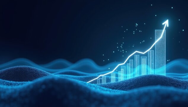 A glowing upward trend graph elegantly sits atop a textured, undulating landscape of deep blue.