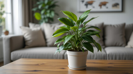 Fototapeta premium Potted dieffenbachia plant sits on wooden table, adding a touch of nature to a modern living room with a comfortable sofa in the background, creating a cozy and stylish atmosphere