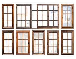 Vintage wooden windows collection, different sizes and styles