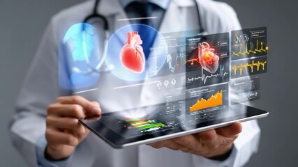 Digital Healthcare Analysis: A medical professional uses advanced technology to examine detailed visualizations of the human heart and vital signs, showcasing the power of digital healthcare. - Powered by Adobe