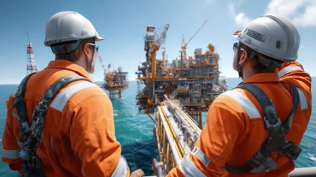 Engineers in Exploration: Two oil rig workers, clad in protective gear, oversee the vast seascape, the impressive structures of oil rigs reaching skyward against a backdrop of endless blue. 