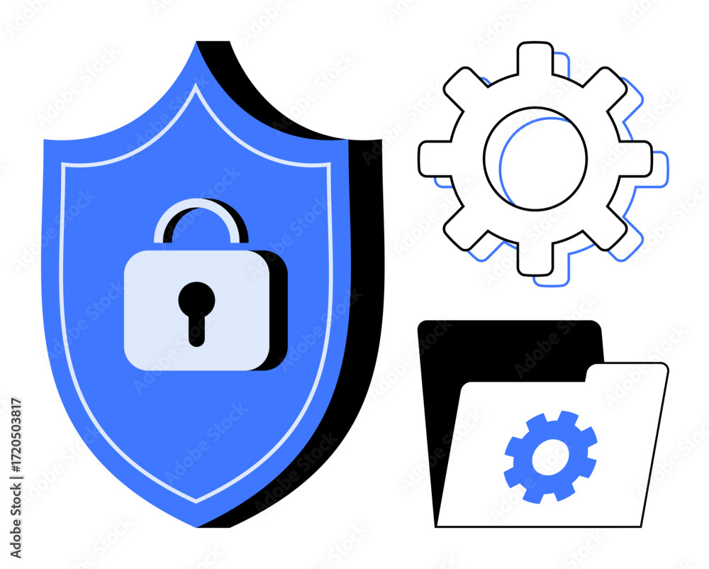 Poster shield with lock symbolizing security, gear representing system processes, and folder for organized 