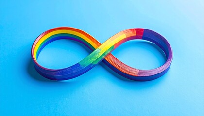 Close-up of a rainbow infinity symbol against a bright blue background highlights autism awareness and neurodiversity, with soft light enhancing the vivid colors
