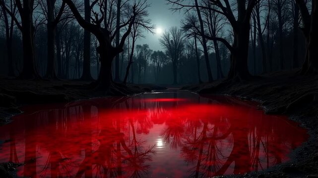 Eerie forest clearing with a pool of vibrant red water under a pale moonlit sky.