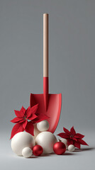 Gardening tool with christmas ball and poinsettia. Fun holiday labour theme 