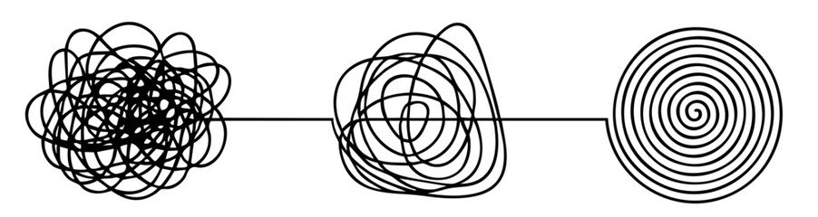 Three figures connected by a line &mdash; chaotic tangle transforming into neat spiral, organizing thoughts, ideas and achieving mental clarity