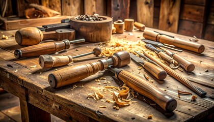 Vintage woodworking tools on a rustic workbench