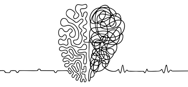 balance between logic and emotions. Abstract line art of human brain and heart combined, one half structured and logical, the other chaotic and tangled