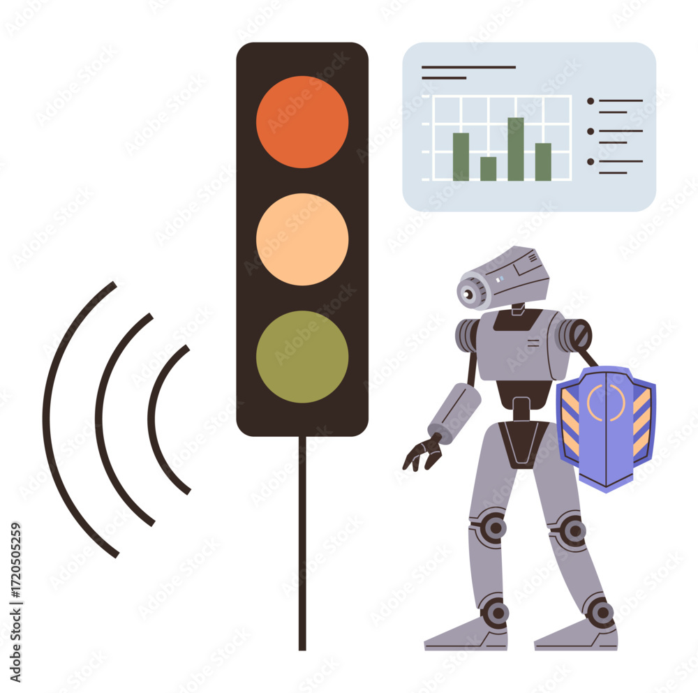 Poster robot with shield overseeing traffic light emitting sound waves, analyzing bar chart data. ideal for