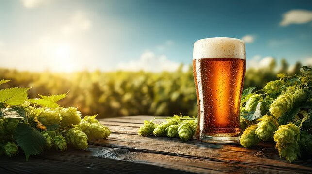 Golden Hour Beer Glass with Fresh Hops