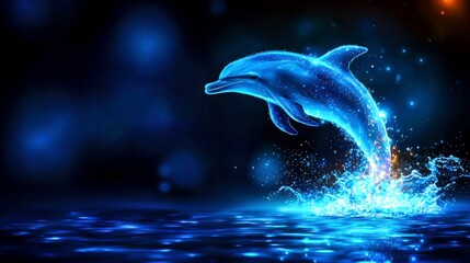 Glowing Dolphin leaping from Ocean Waves under Night Sky with Blue Light Effects