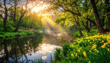 Sunlight streams through trees, illuminating a river lined with flowers, creating a serene forest scene