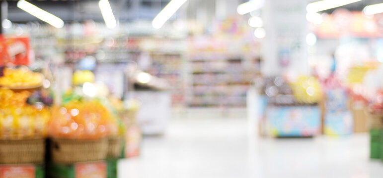 Blurred grocery store supermarket background with bokeh light, Blur fresh food at product shelves in market backdrop, business banner, wallpaper