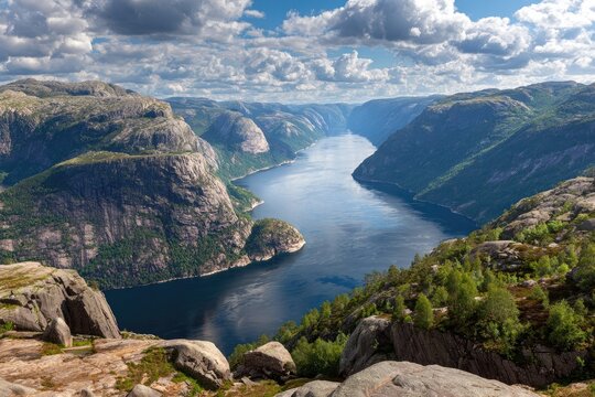 Dramatic fjord vista. Steep, rocky mountains flank a tranquil fjord, sunlight highlights the water's surface, puffy clouds