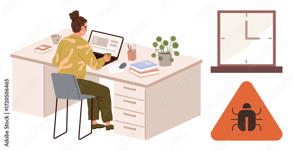 Aufkleber woman working at desk on computer, addressing software error. desk accessories, potted plant, clock,
