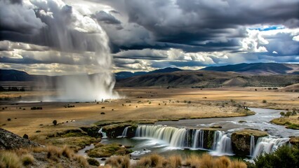Dramatic Waterfall and River Landscape Under Stormy Skies