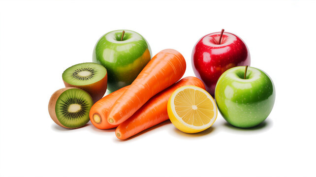 Fresh Red and Green Apples Carrots and Kiwi Fruit with Lemon Slice on White Background Keywords: apple, green apple, red apple, kiwi, kiwi fruit, lemon, lemon slice, carrot
