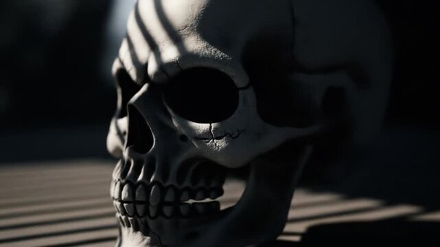 A skull cast in shadow and bright sunlight with a dark background