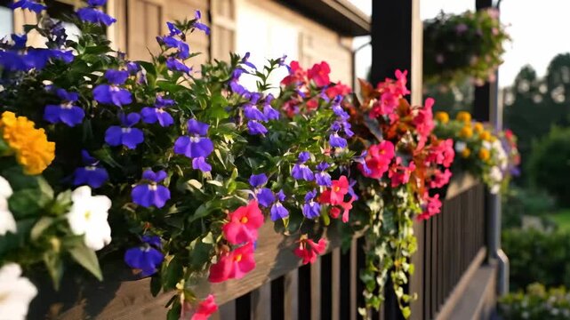 Vibrant Flower Boxes Adorn a Balcony with a Beautiful Array of Colorful Blooms.