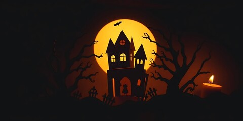 A dark silhouette of a haunted house against a huge yellow moon with trees, bats, and a burning candle.