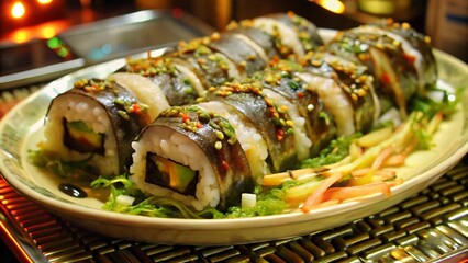 Plate of Sushi Rolls with Avocado and Seaweed microchips