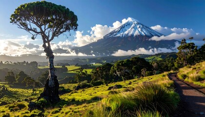 Volcanic Mountain Majesty Over Lush Green Valley