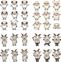 Cute sheep and goats cartoon collection in different positions isolated on white background