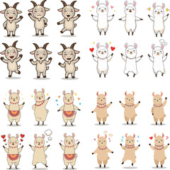 Cute cartoon goats and llamas with hearts, question marks and sleep z's