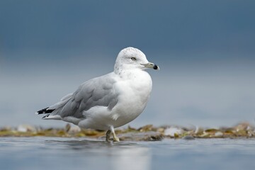  Seagull walks in shallow water.