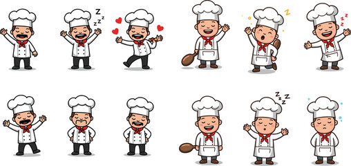 Cartoon chef poses: standing, sleeping, happy, with spoon, waving