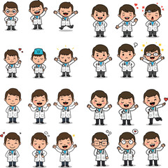 Cartoon doctors with different emotions and poses vector illustration set
