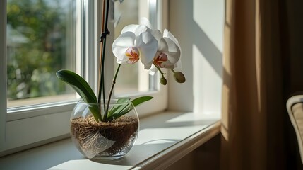 Orchid in glass bowl with visible roots, placed near a sunlit window, cozy home interior style, natural warm mood, lifestyle stock photo.