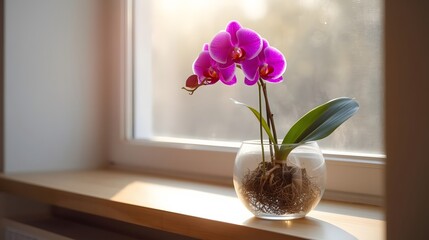 Orchid in glass bowl with visible roots, placed near a sunlit window, cozy home interior style, natural warm mood, lifestyle stock photo.