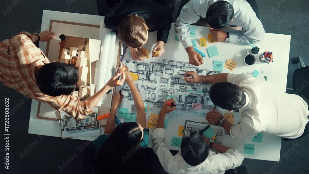 Poster top aerial view of project manager or civil engineer writing at blueprint and planning building desi