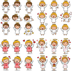 Cartoon angels collection. Different poses and expressions of cheerful angels with wings and halos.