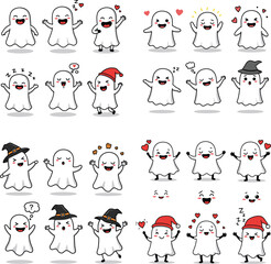 Cute ghost cartoon collection with different poses and emotions