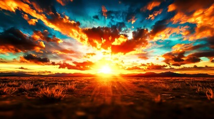Breathtaking Sunset Over Mountain Landscape with Vibrant Clouds and Golden Light Rays