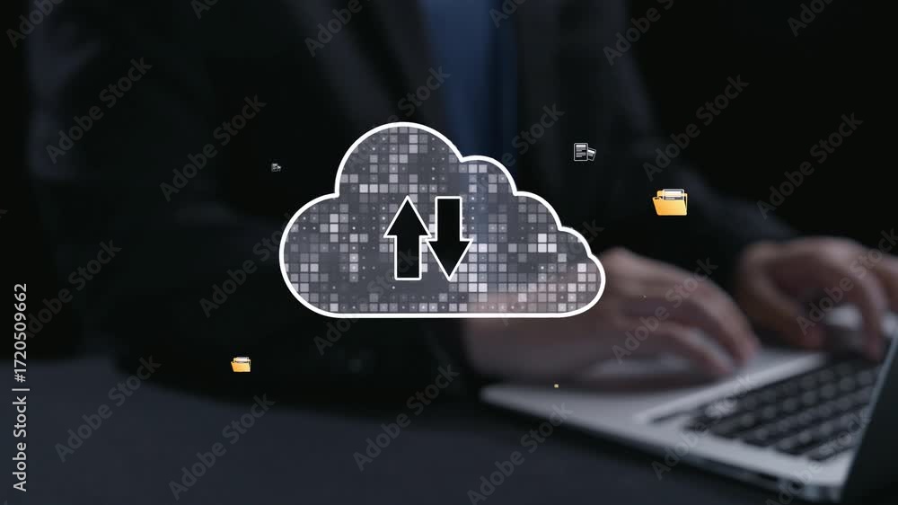 Poster visual representation of cloud storage illustrating upload and download processes on a laptop. empha