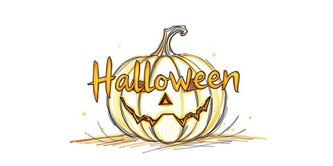 A sketchy, hand-drawn Halloween pumpkin with a stylized grin and glowing orange light, isolated on a white background.