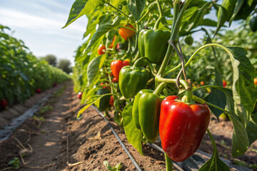 Freshly grown, vibrant red and green capsicums are ready to be harvested in a lush organic garden