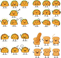 Cartoon taco and bread character set in different expressions vector illustration
